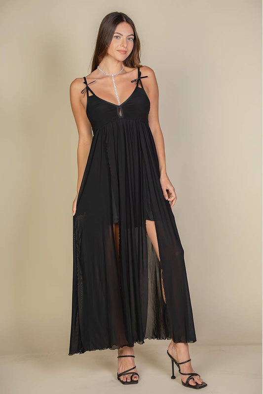 Plunge Neck Split Thigh Mesh Maxi Dress BLACK