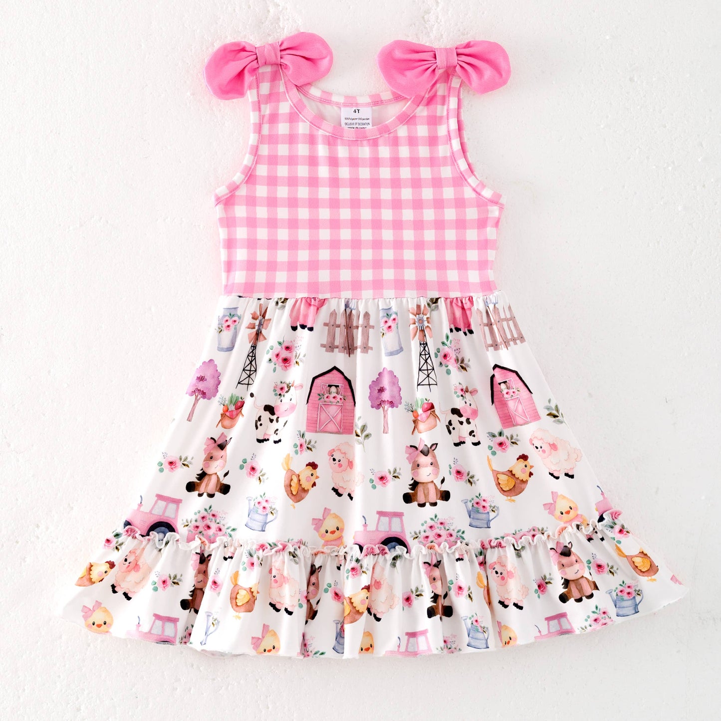 Girls Summer Pink Plaid Farm Print Dress