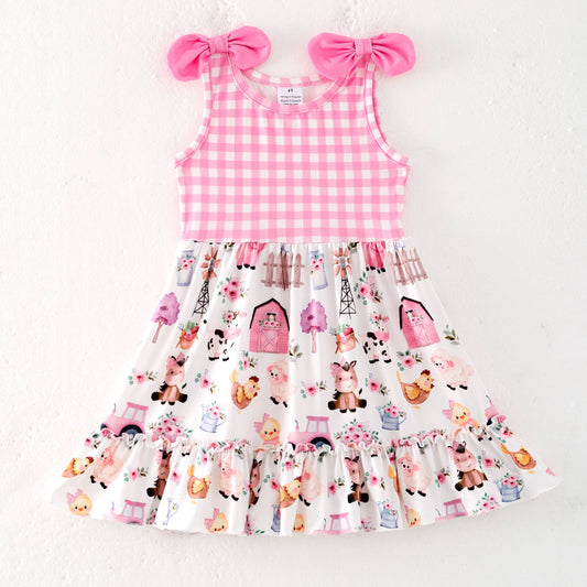 Girls Summer Pink Plaid Farm Print Dress