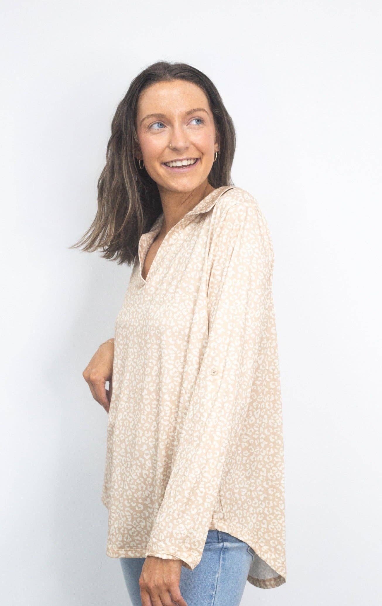 Gemma V-Neck Top, Tan Leopard: Leopard