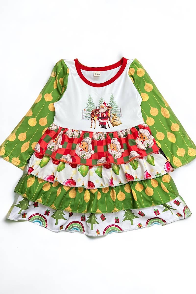 SANTA PRINTED DRESS W/ 4 LAYER RUFFLE