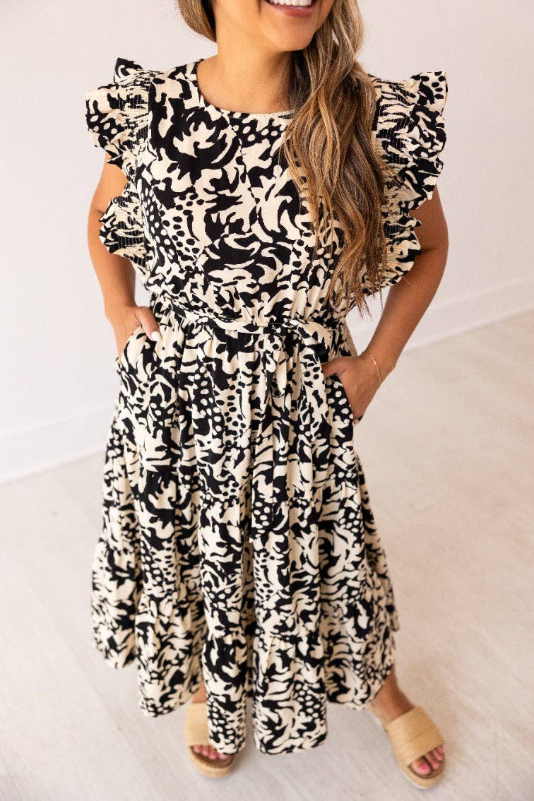 Beige and Black Abstract Dress: Black