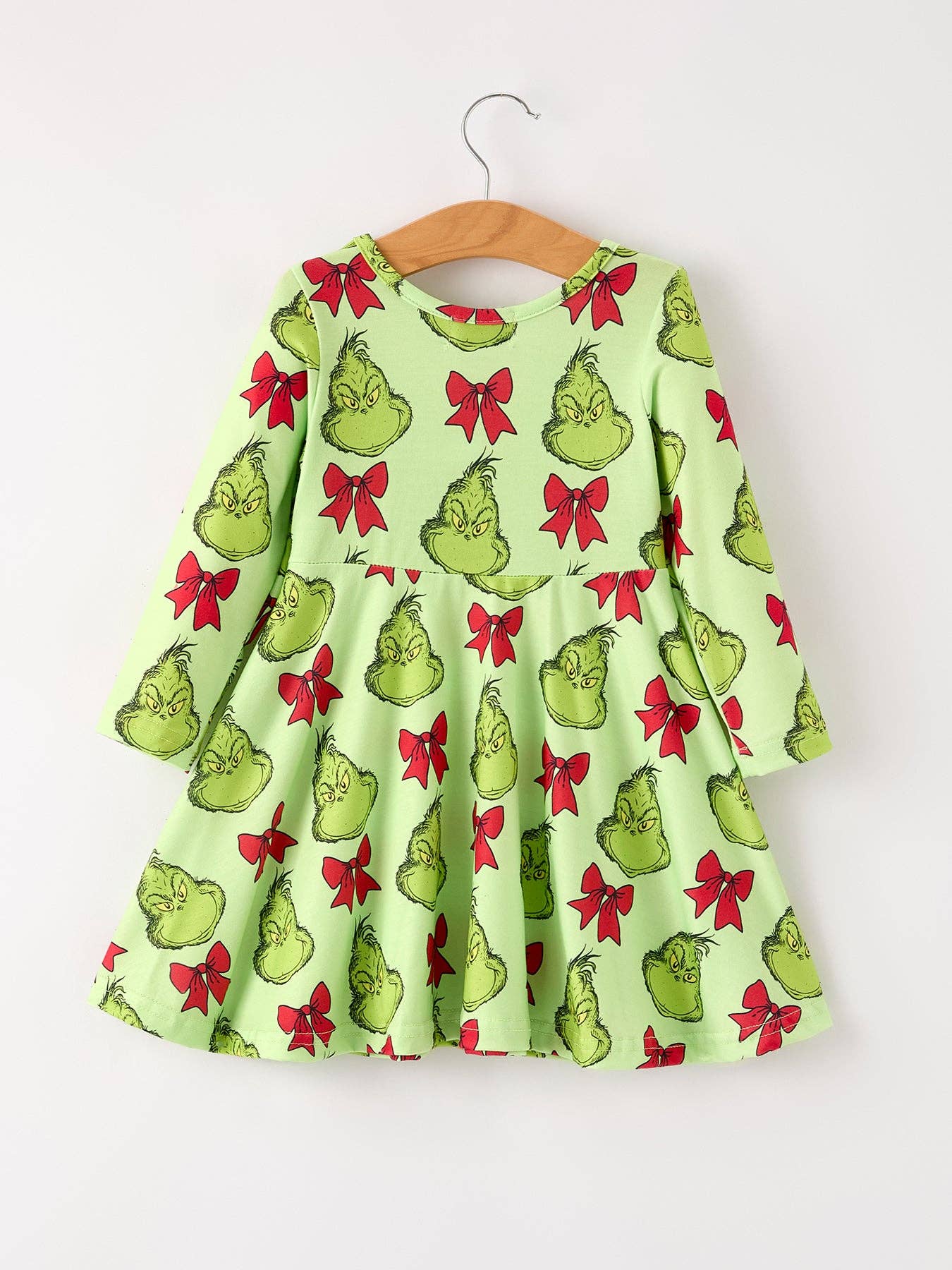 Winter Christmas Tree Bow Character Print  Green Girls Dress: 2