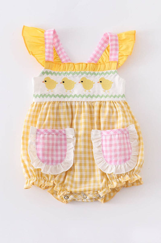 Yellow Plaid Chicken Applique Ruffle Baby Romper