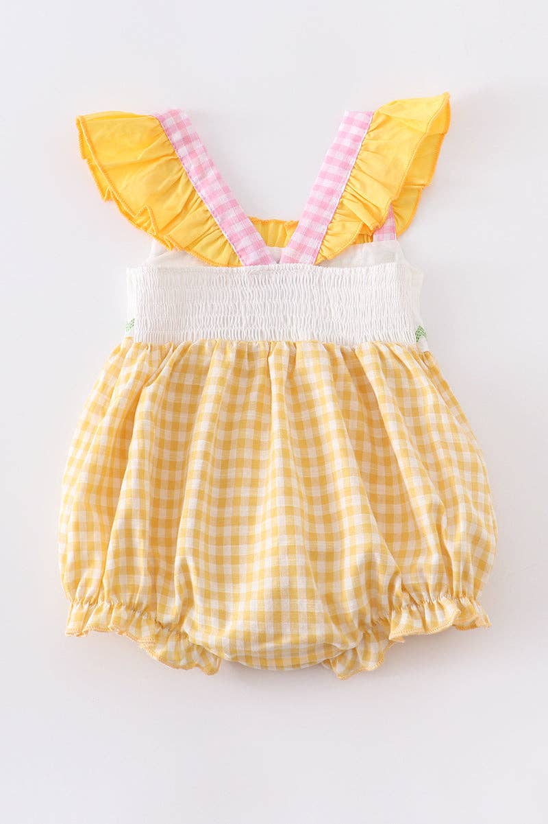 Yellow Plaid Chicken Applique Ruffle Baby Romper