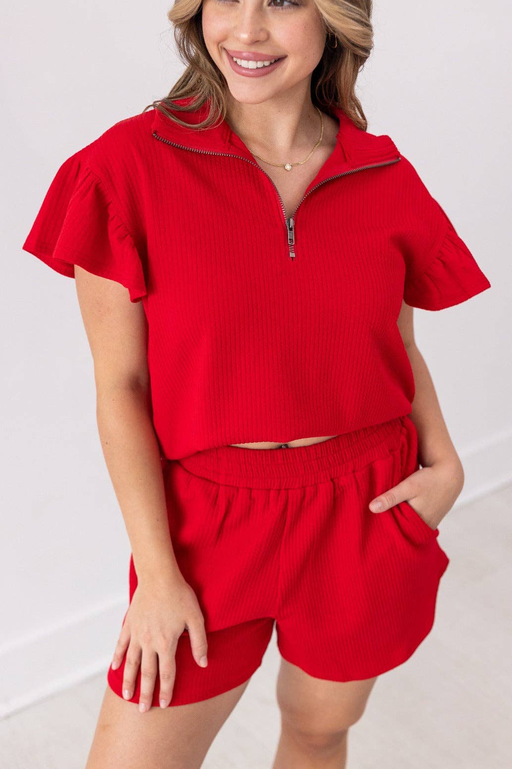 Red Quarter Zip with Flutter Sleeves: Red