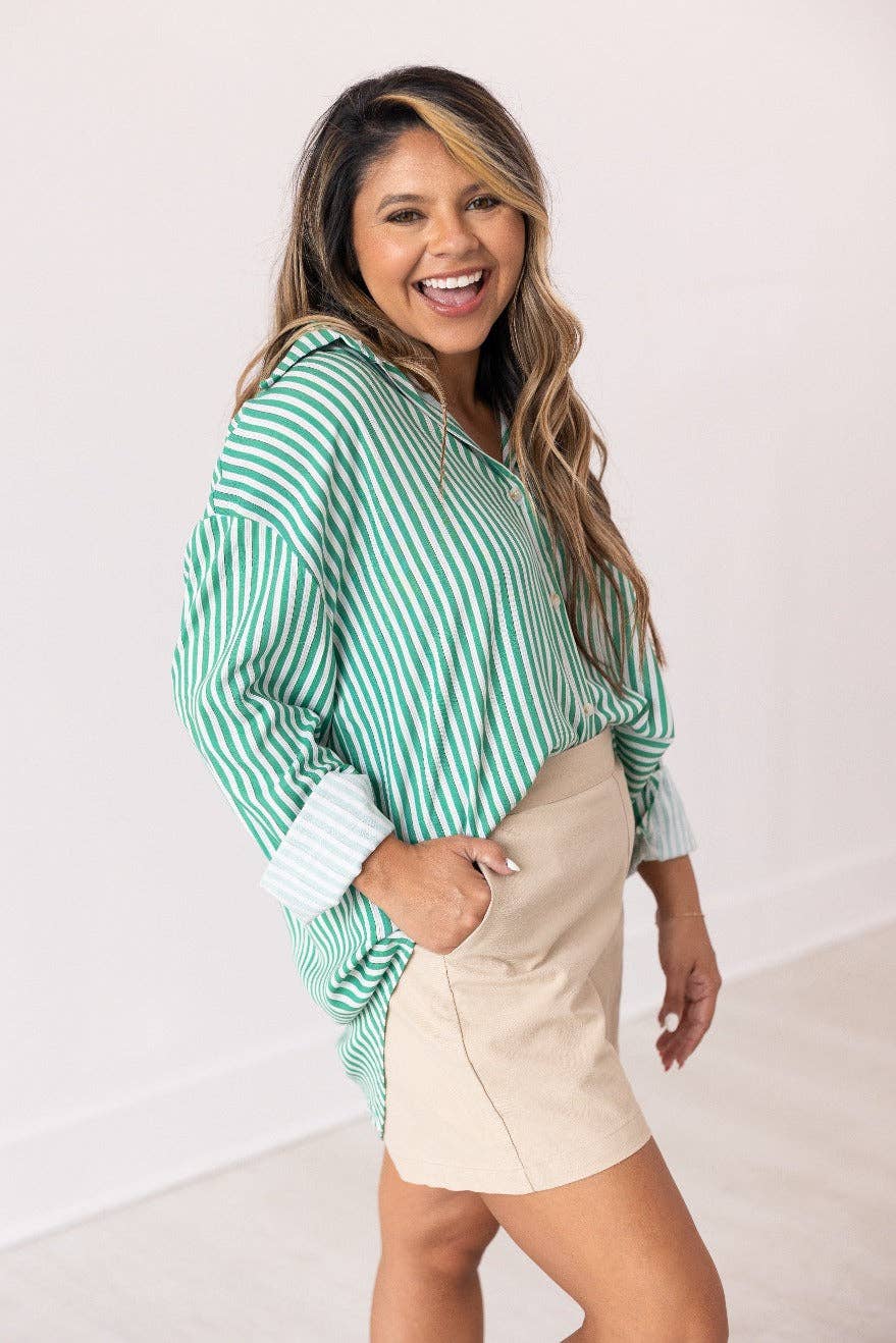 The Kathryn Button-Up, Striped Green: Green