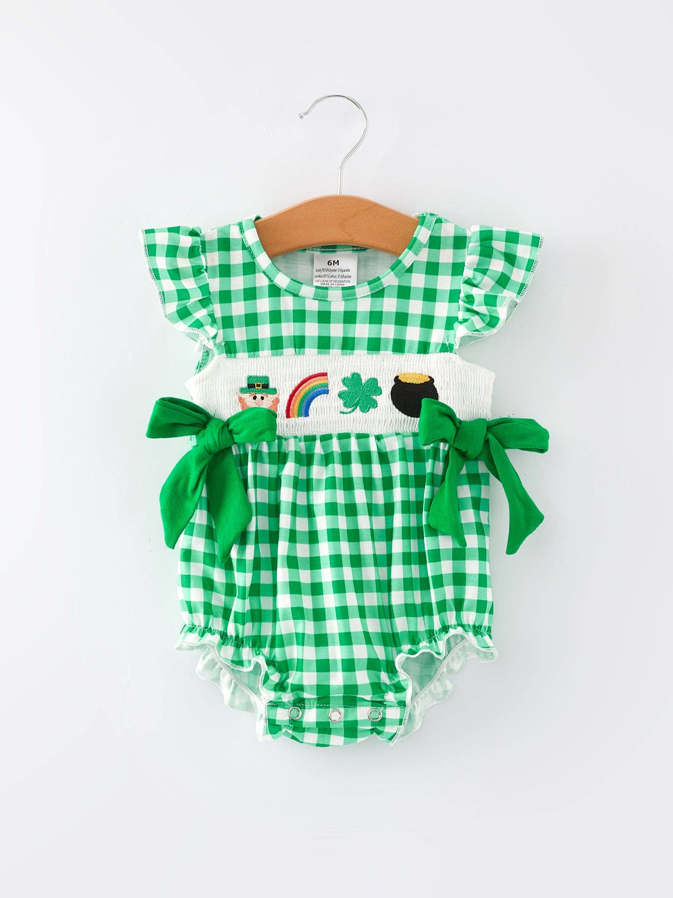 St. Patrick's Day Smocking Embroidered Plaid Baby Girls Romper