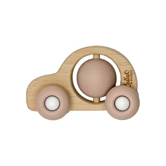 Car Silicone & Beechwood Teether Toy: Petal Pink