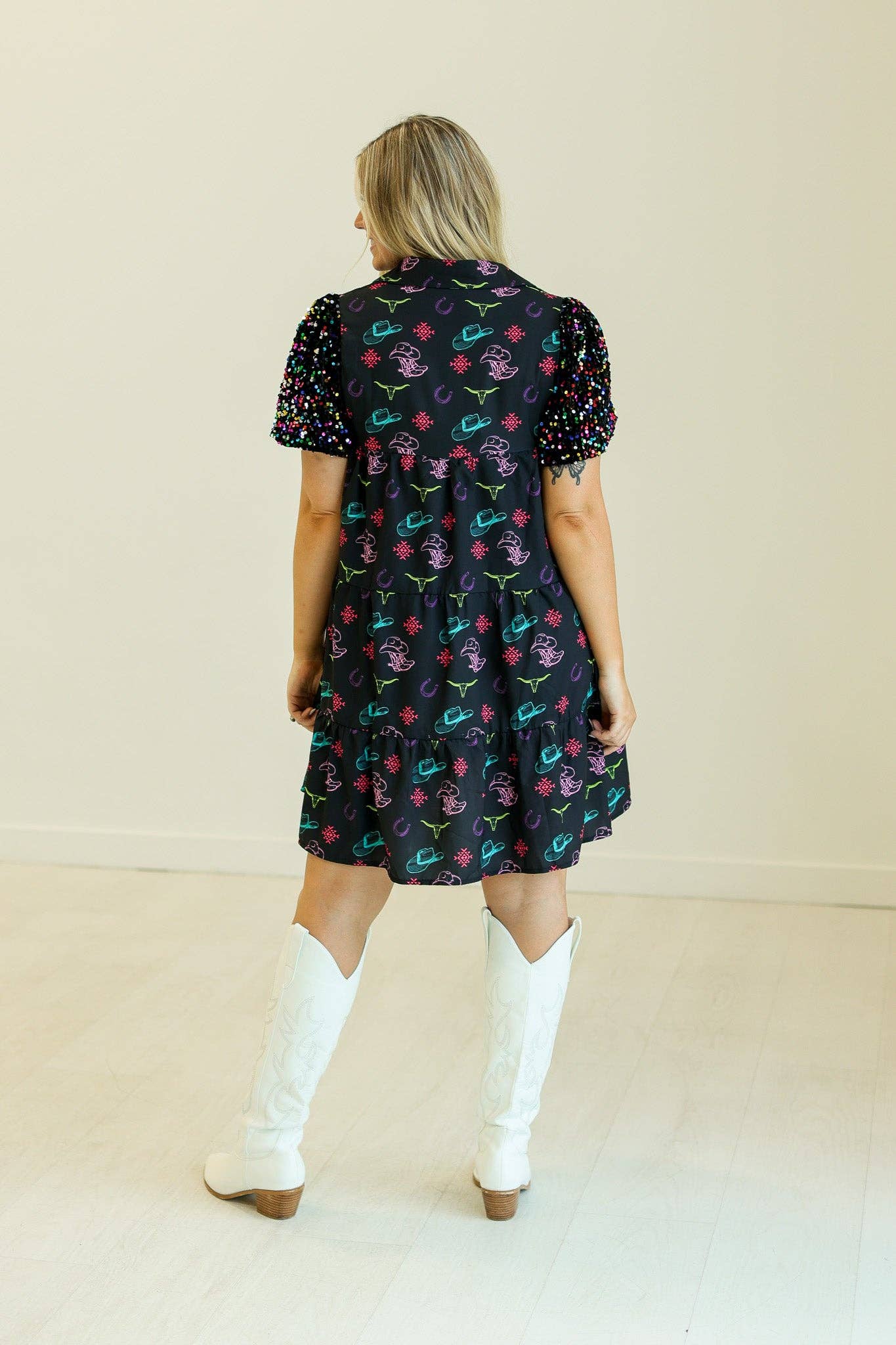 Western Print Shirt Dress: Black