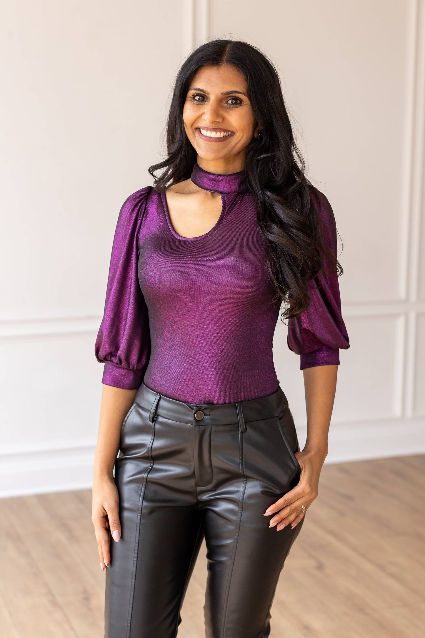 Chic Magenta Cutout and Puff Sleeve Bodysuit: Purple
