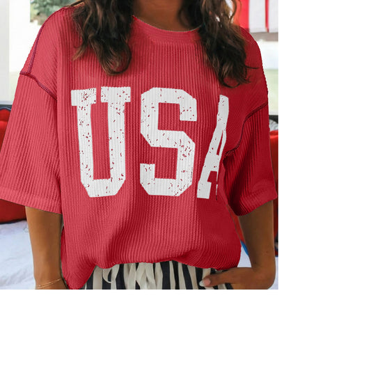 Ladies Fiery Red USA Half Sleeve Loose Ribbed Top