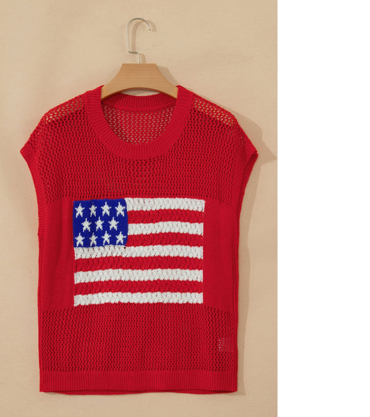 Ladies Fiery Red Flag Graphic Sleeveless Sweater Top
