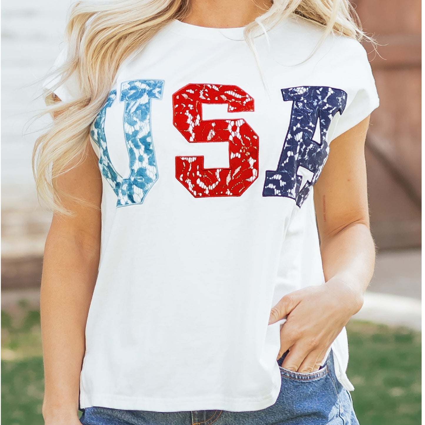 Ladies White USA Block LetterDolman Tee