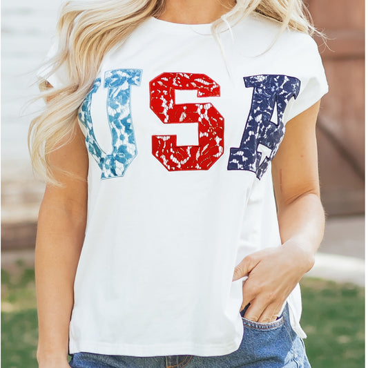 Ladies White USA Block LetterDolman Tee