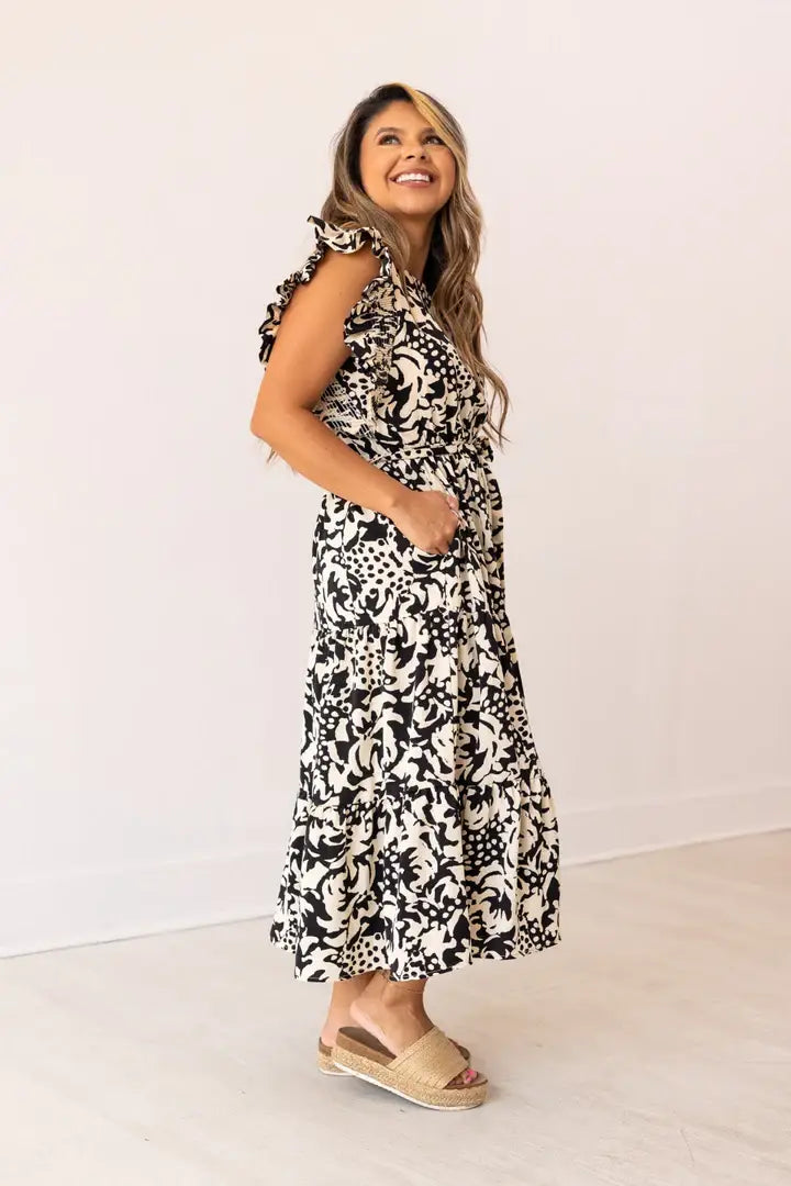 Beige and Black Abstract Dress: Black