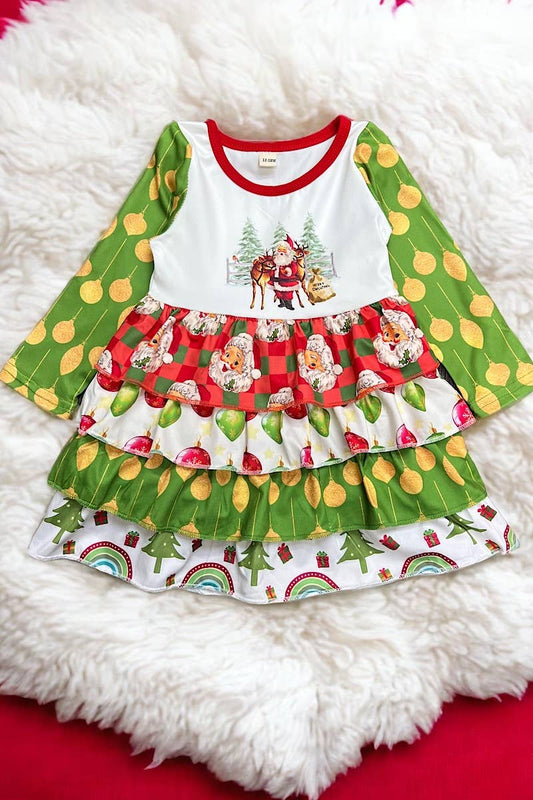 SANTA PRINTED DRESS W/ 4 LAYER RUFFLE