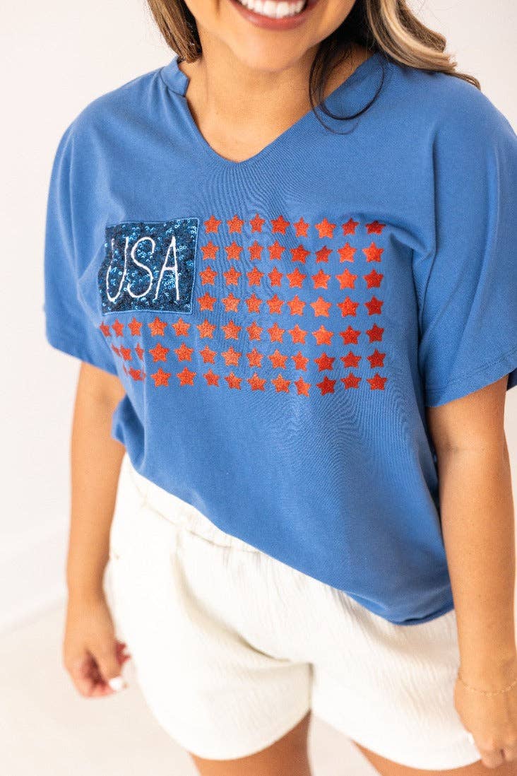 USA Flag Glitter Stars Top: Blue