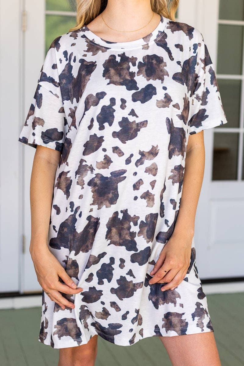 White and brown cow print tee shirt dress: Cowhide / Plus Size