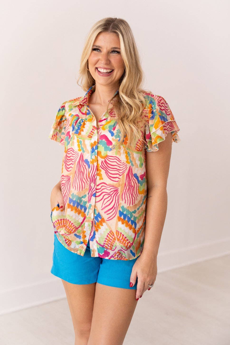 Tropical Print Top Flutter Sleeves: Multi
