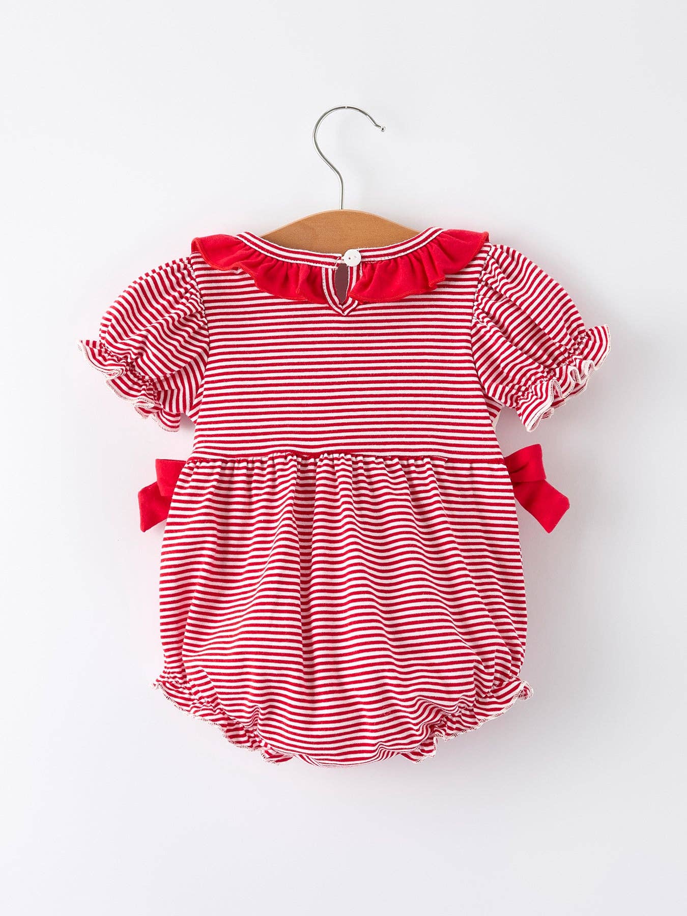 Holiday Baby Girls Romper with Embroidered Christmas Lights and Red Bow Details