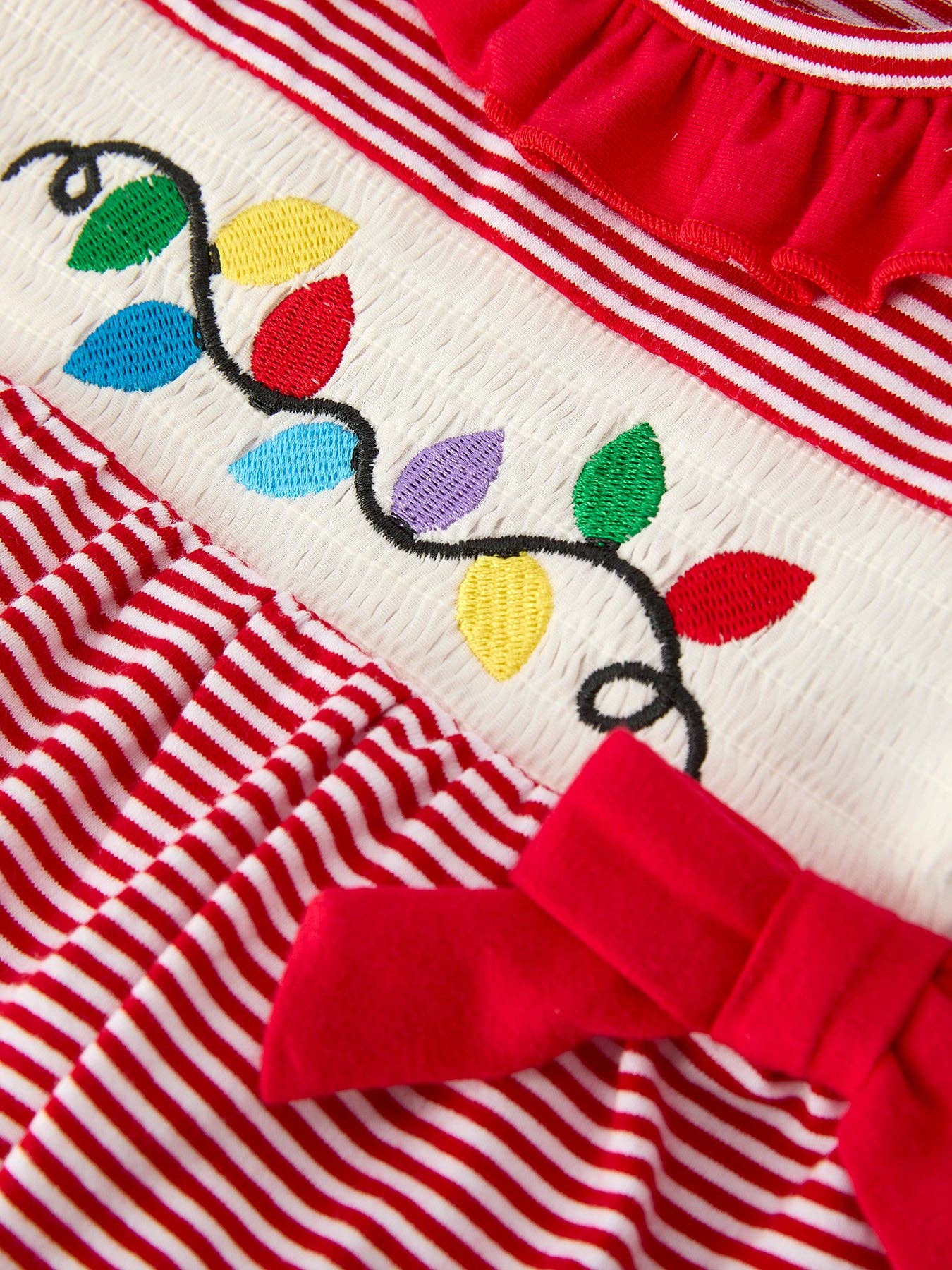 Holiday Baby Girls Romper with Embroidered Christmas Lights and Red Bow Details