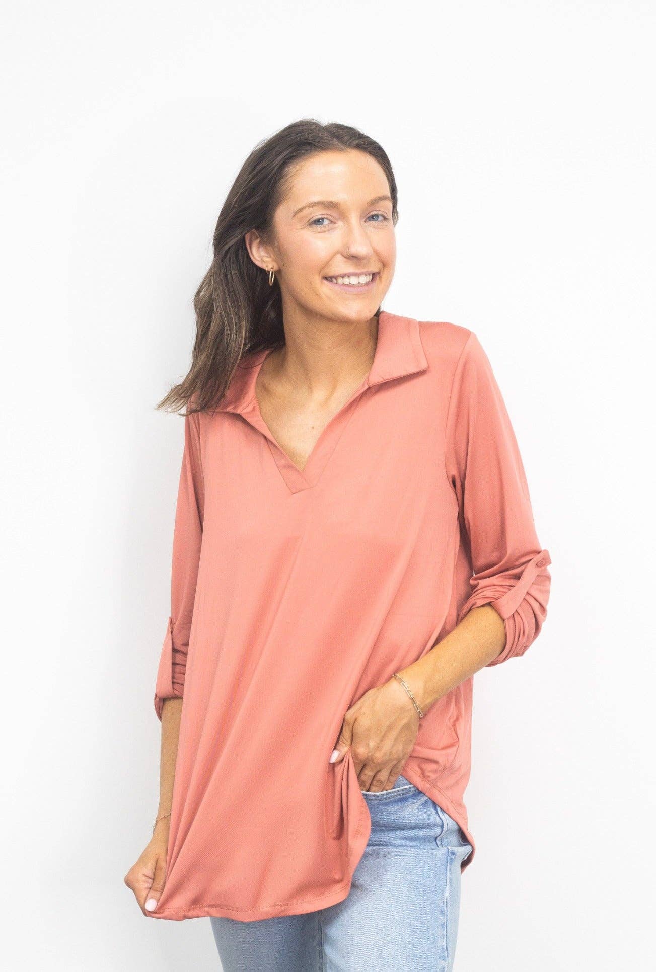 Gemma V-Neck Top, Dark Pink: Pink