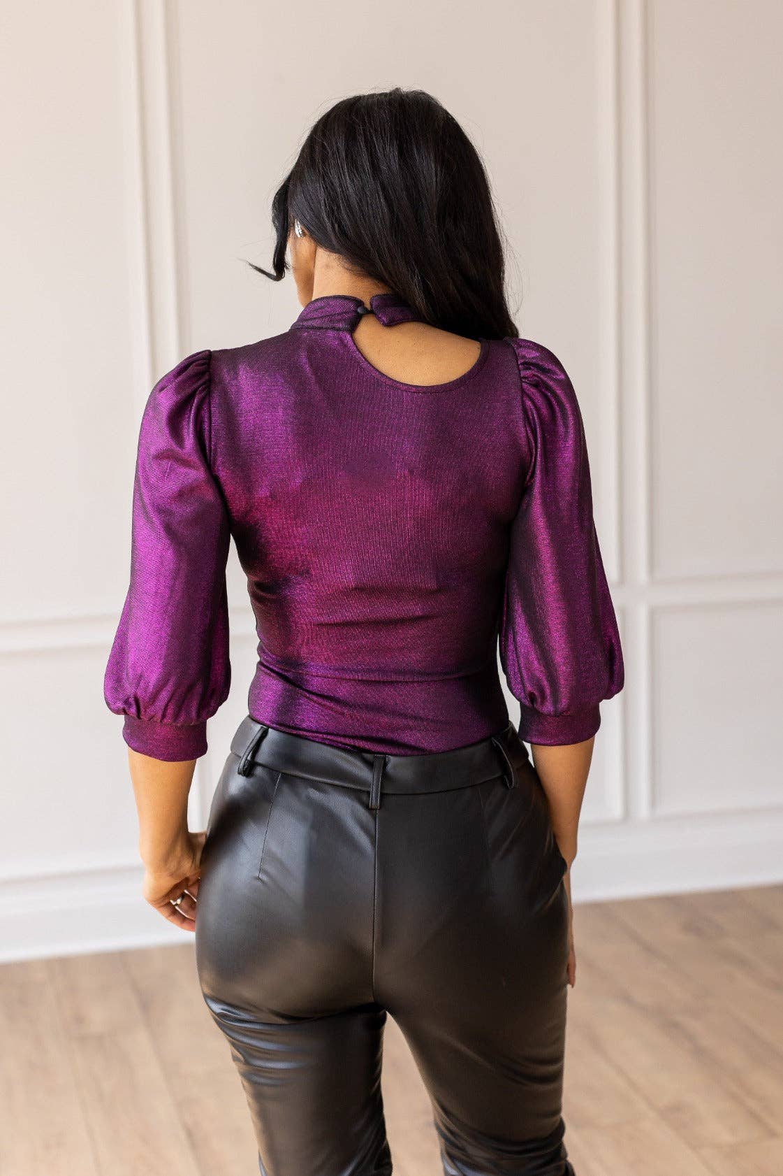 Chic Magenta Cutout and Puff Sleeve Bodysuit: Purple