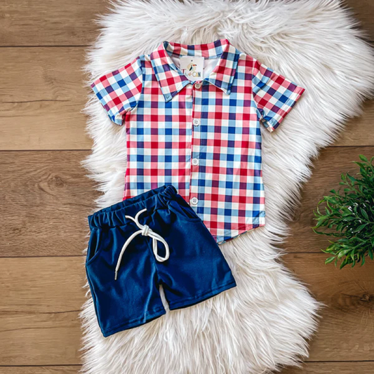 Americana Plaid Boys Shorts Set by TwoCan