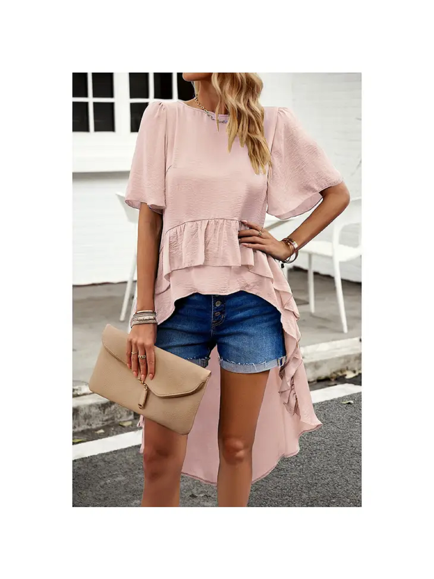 Ladies Pink Ruffle Asymmetric Hem Solid Color Block Fit Shirt