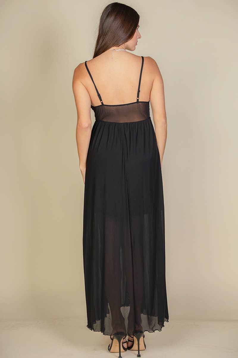 Plunge Neck Split Thigh Mesh Maxi Dress BLACK