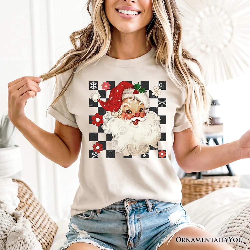 Checkered Santa Claus Vintage T-Shirt, Retro Christmas Tee: Natural