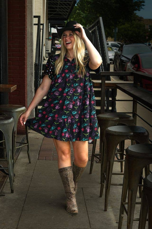 Western Print Shirt Dress: Black