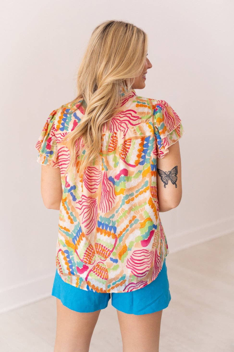 Tropical Print Top Flutter Sleeves: Multi