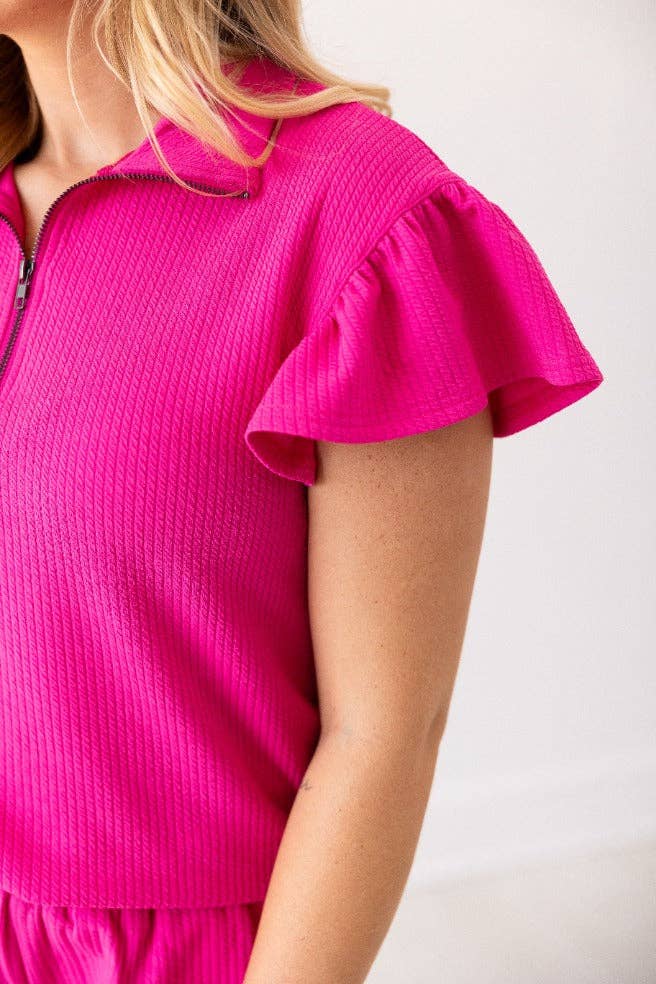 Hot Pink Quarter Zip with Flutter Sleeves: Pink