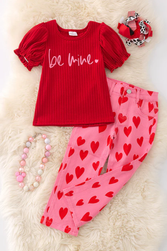 "Be Mine" Red Bubble Sleeve Top & Pink w/Red Heart Jeans