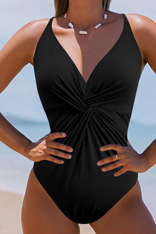 Black V Neck Twist Ruched Crisscross Backless One-Piece