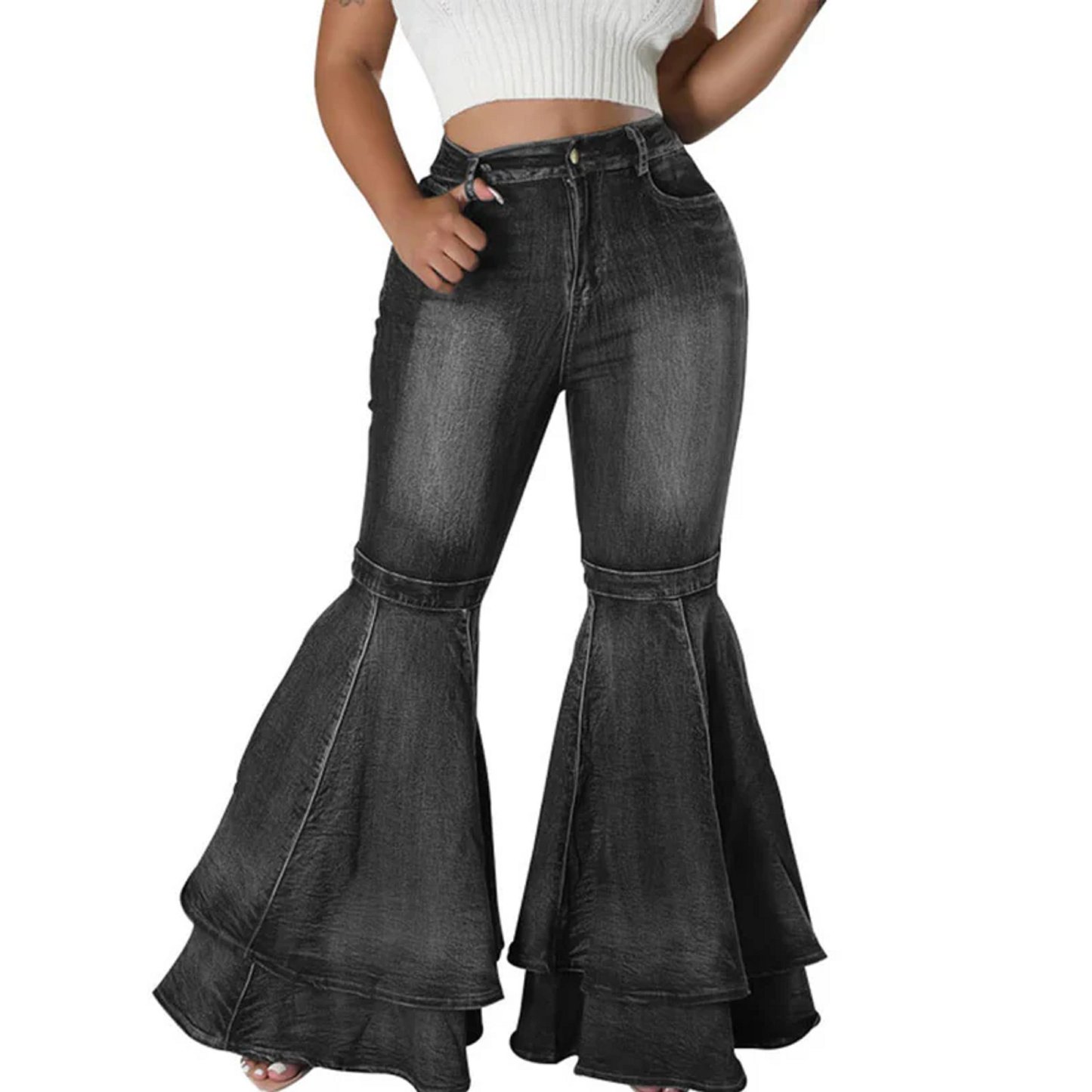 Black Denim High Waist Ruffle Flare Jeans