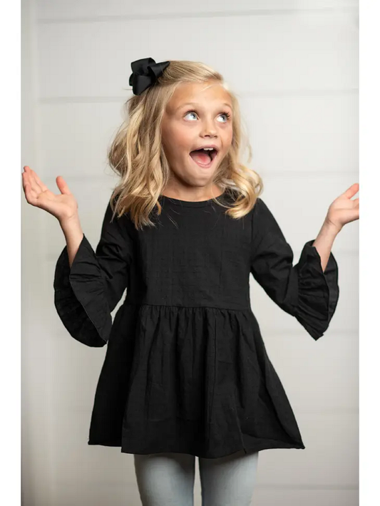 Black Ruffle Long Sleeve Shirt with Buttons