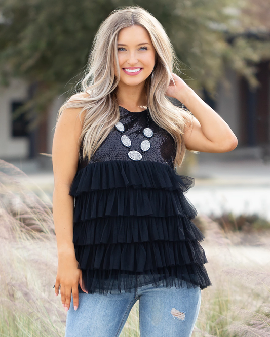 Black Sequin with Ruffle Tank Top