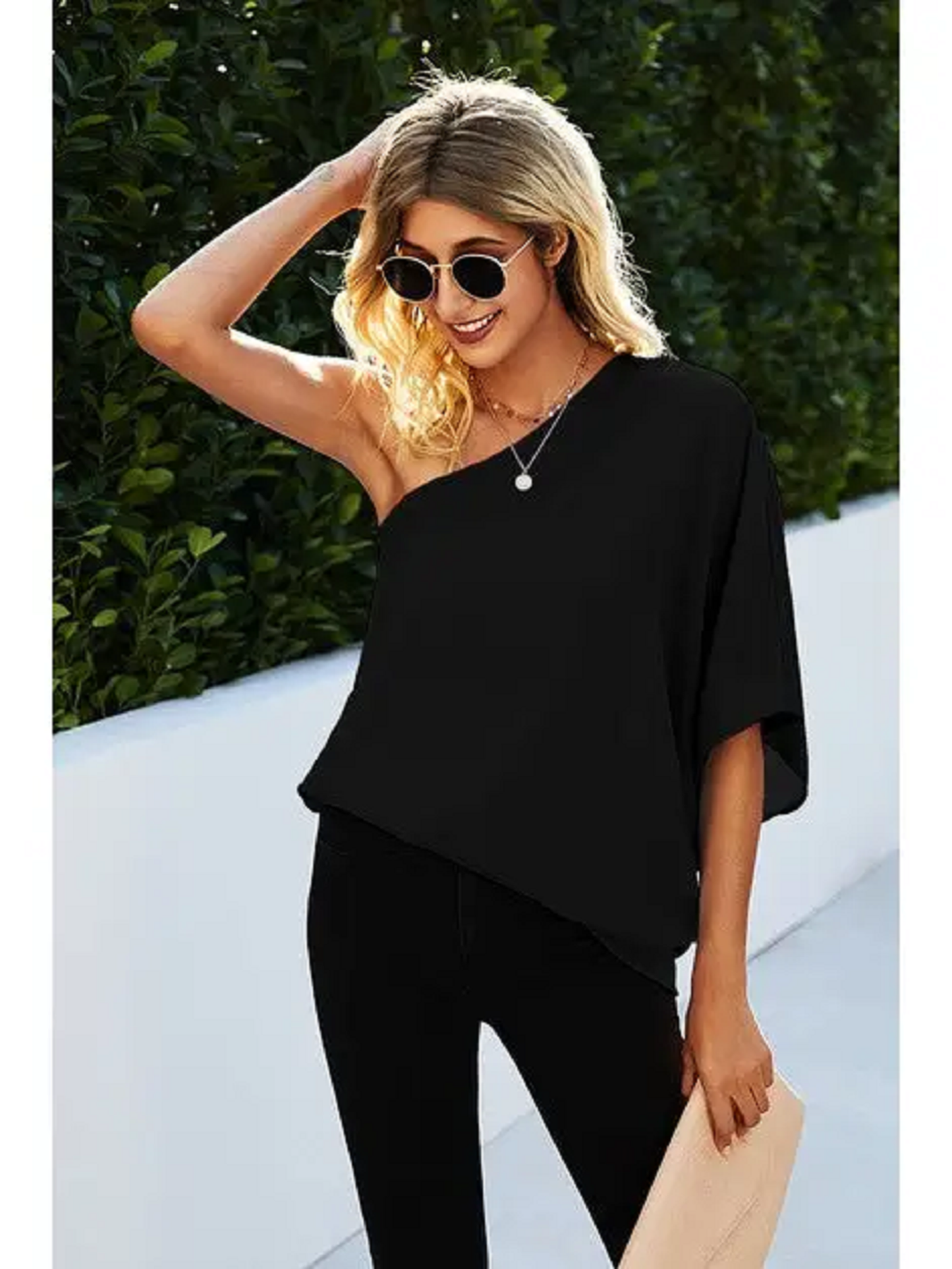 Black One Shoulder Solid Ruffle Loose Top