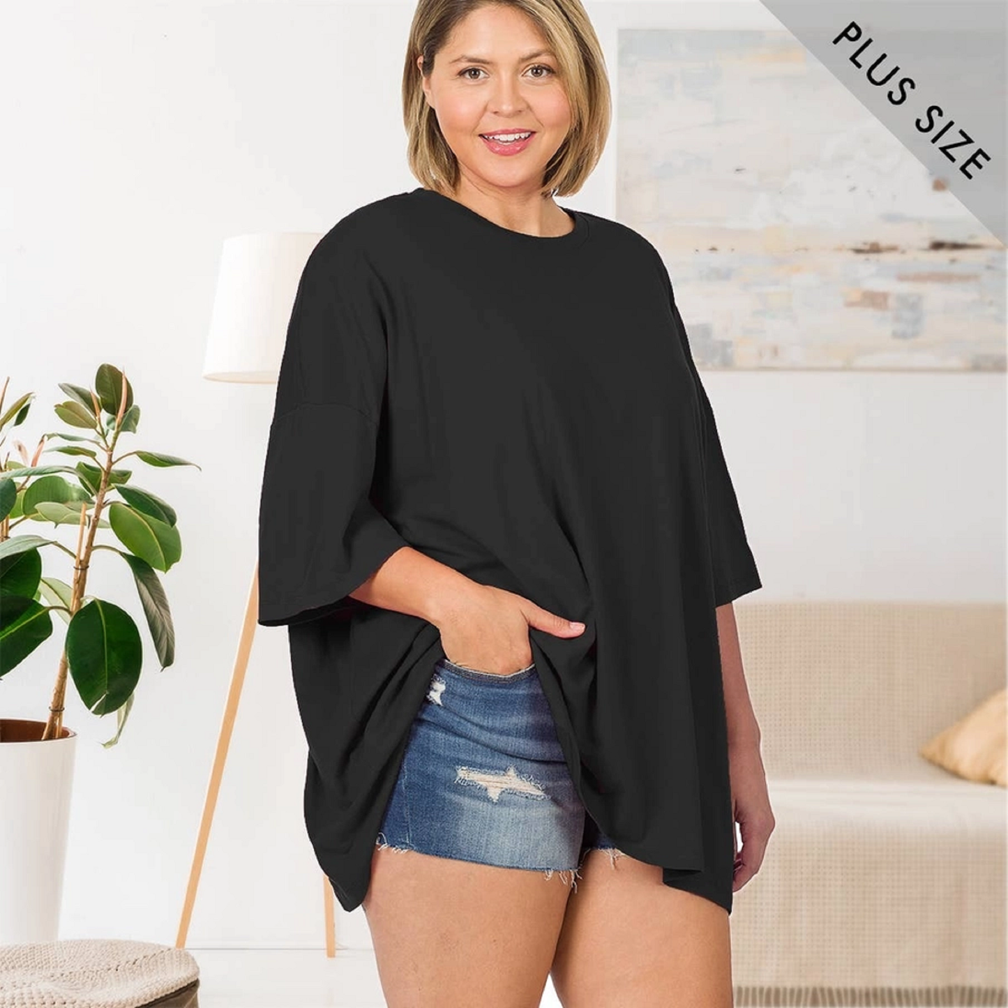 Plus Size Cotton Drop Shoulder Boyfriend Box Tee Black