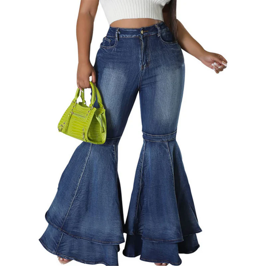 Dark Blue Denim High Waist Ruffle Flare Jeans