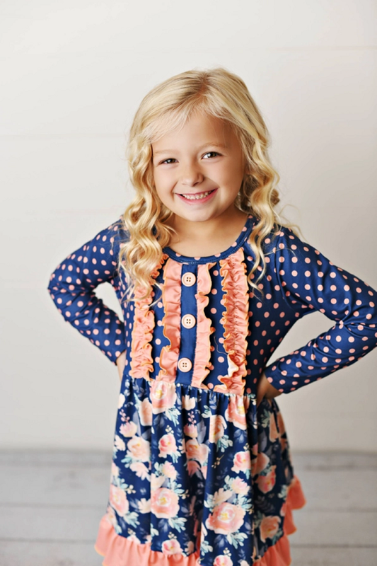 Kids Navy Coral Floral Long Sleeve Ruffle Dress