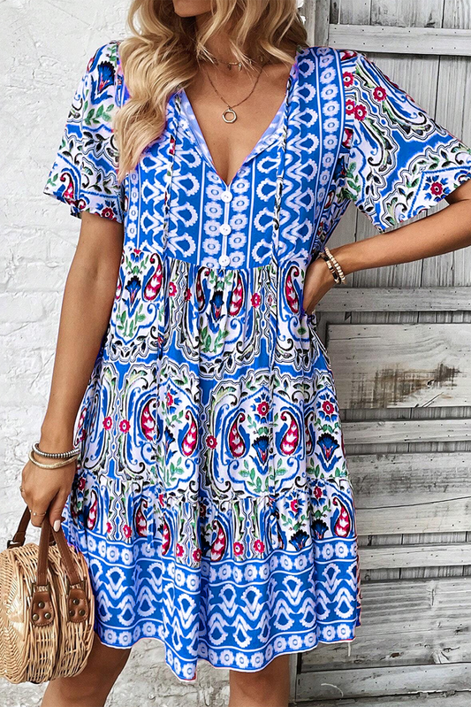 Sky Blue Bohemian Print Ruffle Hem Short Dress