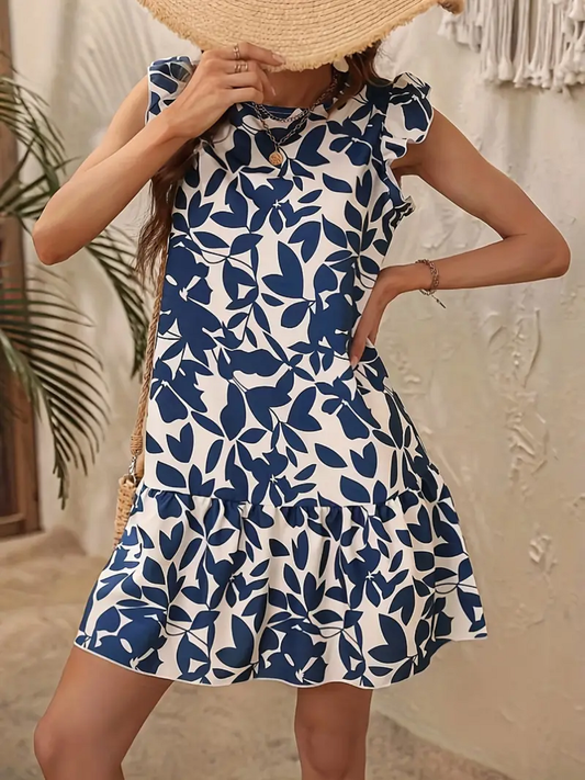 Ladies Blue Leaves Short Sleeve Dress