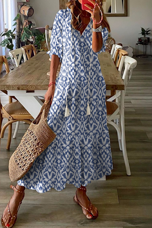 Sky Blue V Geometric Print Maxi Dress