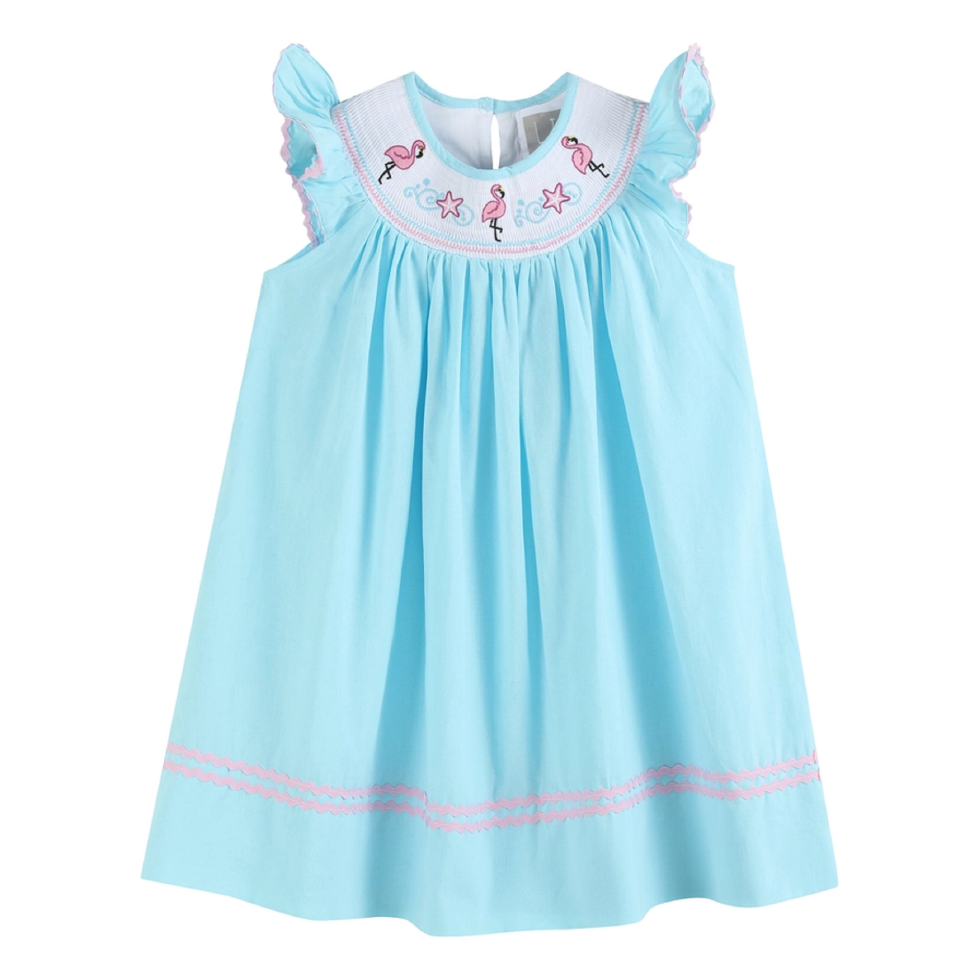 blue flamingo dress Lil Cactus Light Blue Flamingo Smocked Bishop Dress – Toodle Treasures