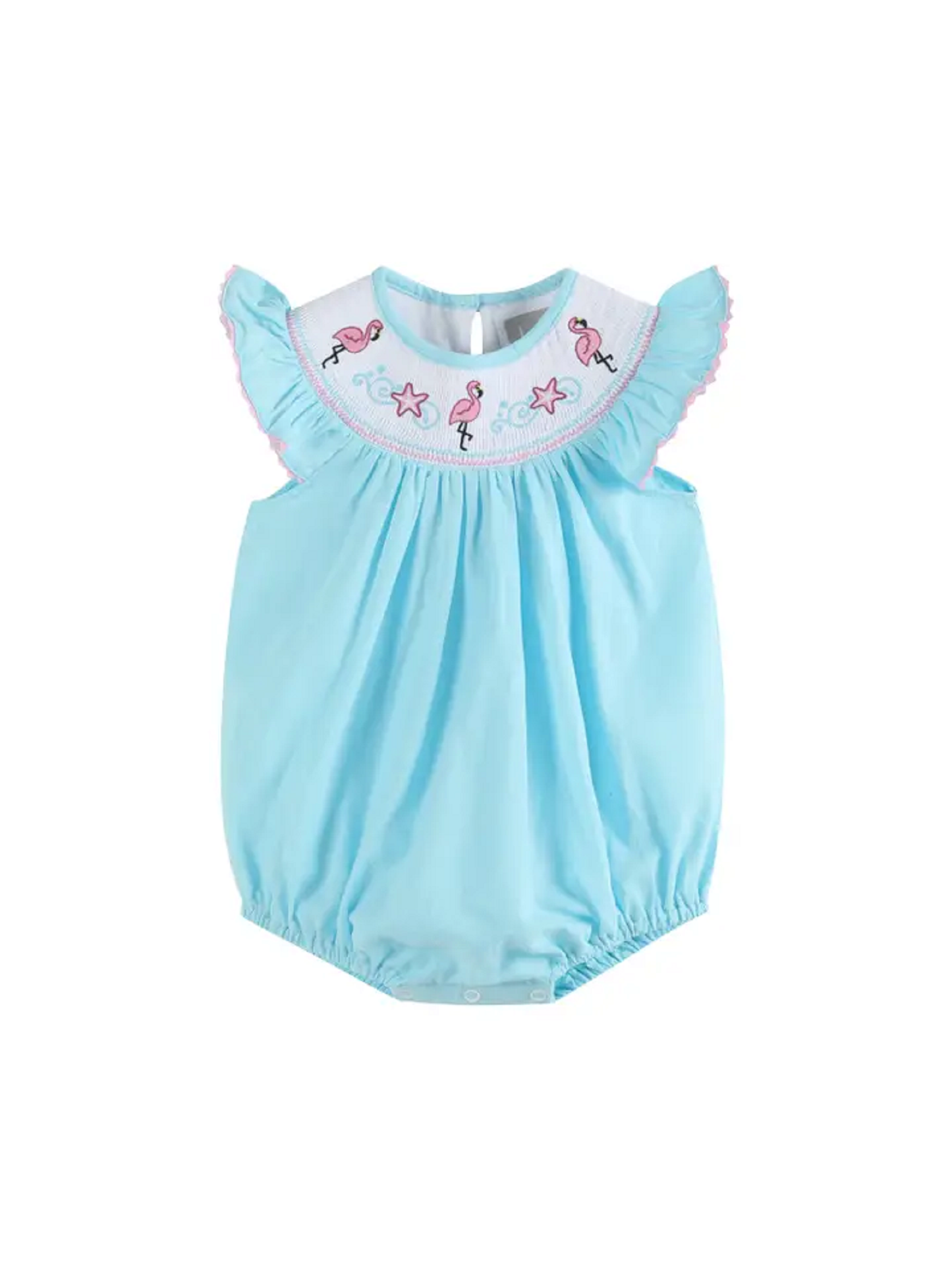 Lil Cactus Light Blue Flamingo Smocked Flutter Romper