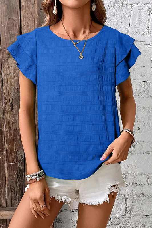 Blue Textured Ruffled Sleeve Round Neck Top